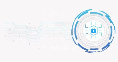 Mavi-beyaz dairesel arayüz gösteriliyor. Konsantre halkalar ve sağ tarafta asma kilit görünüyor. Uzayı kopyala. Siber güvenlik, hud, panel, devre, bağlantı, veri akışı, minimalist