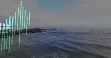 Üçüncü saniyedeki animasyon dengeleyici çubuklar kıyı dalgaları üzerinden ses görüntülemek için ortaya çıkıyor ve titreşiyor. Dalga biçimi, ses spektrumu, dijital sanat, multimedya, canlı, sakinleştirici, teknoloji