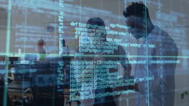 Animation of data processing over two diverse men shaking hands at office. Computer interface and business technology concept