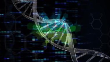 Veri işleme ve rüzgar türbinlerinin üzerindeki DNA iplikçiklerinin animasyonu. küresel iş, ekoloji ve dijital arayüz kavramı dijital olarak oluşturulmuş video.
