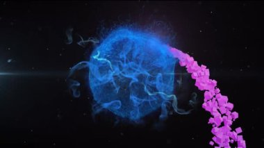 Animation of globe of shapes over light trails. Social media and digital interface concept digitally generated video.