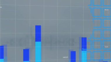 Şehir manzarasının havadan görüntüsüne karşı dünya haritasında istatistiksel veri işleme animasyonu. Küresel ağ ve iş veri teknolojisi kavramı