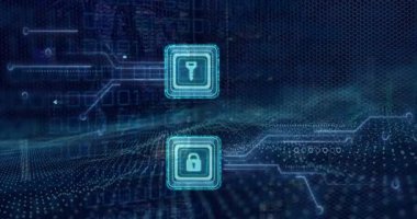 Bilgisayar devre kartı ve veri işleme üzerinde anahtar ve asma kilit simgelerinin animasyonu. Dijital olarak oluşturulmuş küresel çevrimiçi güvenlik, bilgisayar ve veri işleme kavramı.
