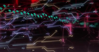 Mavi arkaplanda veri işleme animasyonu. Küresel ağ ve bilgisayar arayüzü teknolojisi kavramı.