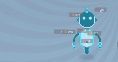 Animation of flying robot and notification bars over striped pattern against blue background. Digitally generated, hologram, social media reminder, machine learning and technology concept.