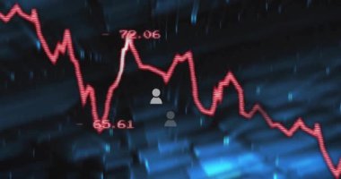 Mavi şebekeye karşı kırmızı dalgalı grafik açılıyor, sayısal etiketler salınıyor, fiyat eğilimlerini takip ediyor. Veri analizi, finansal tablolar, dijital ortam, esneklik, uçuculuk, iş analizleri, teknoloji