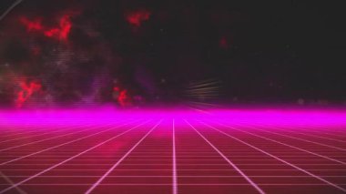 Pembe ufka doğru uzanan neon magenta şebeke tabanı, kozmik gökyüzünün üzerinde parlayan sarı lens. Fütürist, bilim kurgu, dijital, ışıltılı, kozmik, soyut, canlı