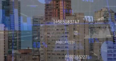 Animation of financial data processing over cityscape. Global business finances and digital interface concept digitally generated video.