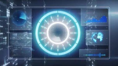 Siyah zemin üzerinde veri işleme üzerinde moleküllerin animasyonu. Veri işleme teknolojisi ve dijital arayüz kavramı dijital olarak oluşturuldu.