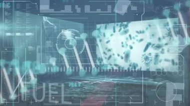 Çubuk grafikler ve kanserli hücrelerle ilgili bilgi arayüzü üzerinden DNA sarmalının animasyonu. Dijital olarak üretilmiş, hologram, rapor, finans, sağlık, tıbbi ve teknoloji kavramı.