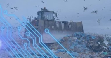 Çöldeki buldozer üzerindeki bilgisayar devre kartının animasyonu. Dijital olarak oluşturulan küresel sürdürülebilirlik, ekoloji ve atık yönetimi kavramı.