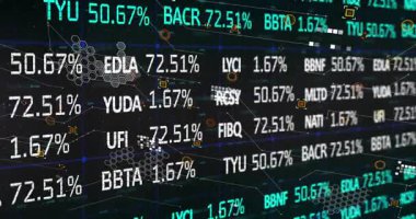 Kara zemin üzerinde veri işleme üzerine borsa animasyonu. küresel finansmanlar, veri işleme ve dijital arayüz kavramı dijital olarak oluşturulmuş video.