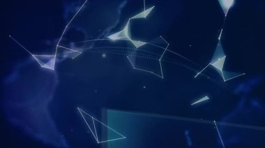 Plexus ağının animasyonu mavi arka planda elleri kavrayan bir küre oluşturuyor. Küresel ağ ve iş teknolojisi kavramı