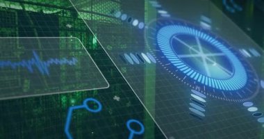 Dairesel mavi radyal HUD veri atımında dönüyor ve titreşiyor, dalga ve rafları gözlemlemek için ortaya çıkarıyor. Holografik, arayüz, ekran, ızgara, devre, neon, parlaklık