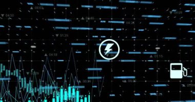 Finansal veri işleme ve dijital simgelerin şebeke ağı üzerinden siyah arkaplana göre canlandırılması. Küresel finans ve iş veri teknolojisi kavramı