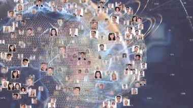 Bağlantıların ve iş adamlarının fotoğraflarının olduğu bir dünya animasyonu. küresel bağlantılar, ağ oluşturma ve iş konsepti dijital olarak oluşturulmuş video.