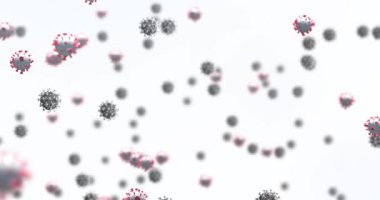 Beyaz arkaplanda kopyalama alanına karşı yüzen çoklu covid-19 hücrelerinin dijital animasyonu. Covid-19 salgın konsepti