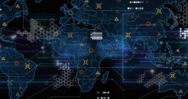 Karanlık gösterge panelinde ağ akışını gösteren küresel harita gösteriliyor, altıgen kümeleri ve parlayan düğümlerle. Siber güvenlik, fütürist, dijital, analitik, görselleştirme, ızgara, cyan