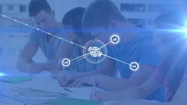 Animation of network of connections with icons over diverse group of students. Global education, connections and digital interface concept digitally generated video.