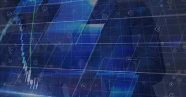 Şebeke üzerinde finansal veri işleme animasyonu. Global dijital arayüz teknolojisini ve dijital olarak üretilen video konseptini finanse eder.
