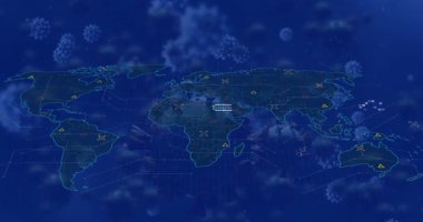 Animation of world map over blue background with virus cells. Global pandemic, health, finance and connections concept digitally generated video.