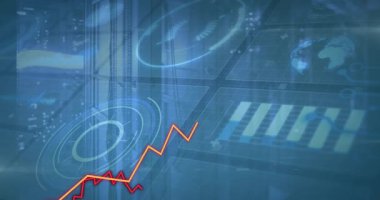 Bilgisayar sunucu odasına karşı veri işleme arayüzü üzerinde hareket eden grafiklerin animasyonu. Bilgisayar arayüzü ve iş veri depolama teknolojisi kavramı