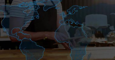 Kahveci tıkırtısı tableti ve mavi dünya haritası örtüşmesi hareketli büyülerle kafe satışlarını takip ediyor. Kahve evi, tezgah, hamur işleri, aygıt, etkileşim, görselleştirme, analiz