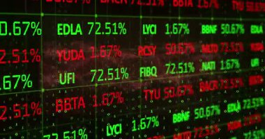 Siyah zemin üzerinde dijital dalga üzerinden ikili kodlama ve borsa veri işleme animasyonları. Küresel ekonomi ve iş teknolojisi kavramı