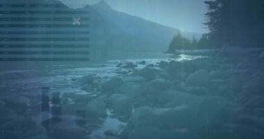 Rocky Gölü 'nün alacakaranlıkta açılması soluk dönen panelin çizelgelerin görüntülenmesine ve verilerin titreşmesine neden oluyor. Dağlar, doğa, sükunet, teknoloji, veri görselleştirme, dinginlik, çevre