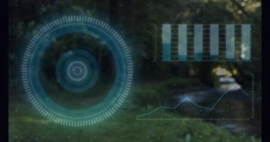 Dizide HUD görünmeye başlar iz tarama halkaları üzerinde görünerek çubukları doldurur görüntü için grafik çizer. Gelecek, teknoloji, veri, görselleştirme, arayüz, analiz, dijital