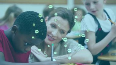 Teacher guiding student writing worksheet, creating data overlays showing idea flow in classroom. Education, mentorship, collaboration, digital learning, classroom, youth, knowledge