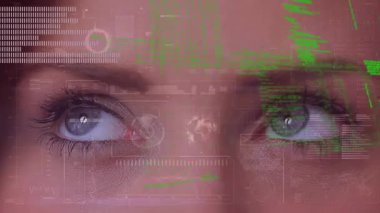 Çeşitli dijital animasyonlarla bir kadının mavi gözlerinin bilgisayar ekranına yakından bakması. Global iş dünyası.