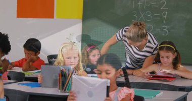 Animation of data processing and padlock over caucasian female teacher with diverse schoolchildren. Global education and digital interface concept digitally generated video.