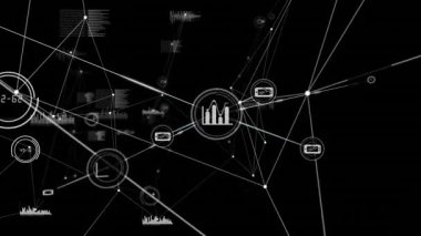 Siyah arkaplandaki simgelerle bağlantı ağının animasyonu. küresel bağlantılar ve dijital arayüz konsepti dijital olarak oluşturulmuş video.