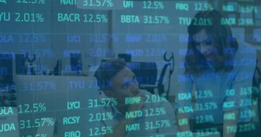 Animation of financial data processing over diverse business people. Global business, finances, computing and data processing concept digitally generated video.