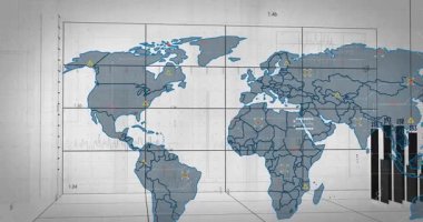 Gösterge panelinde dönen birleşik veri görselleştirmesi, dünya haritasını 3 boyutlu çubuklar ve çizgi grafikleriyle gösteriyor. Dijital, bilgi, fütüristik, analitik, teknoloji, performans, yatırım