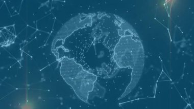 Mavi arka planda dönen dünya üzerindeki ışık noktalarının ve bağlantı ağının animasyonu. Küresel ağ ve iş teknolojisi kavramı