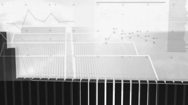 Tek renkli veri gösterge paneli, 3 boyutlu çubuk grafiğinin sola doğru yükseldiğini ve sivri çizgi grafiğini kapladığını gösteriyor. Gelecekçi, teknoloji, analitik, görselleştirme, minimalizm, dijital, mühendislik