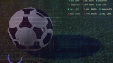 Ticaret panosu ve futbol topuyla birden fazla grafiğin animasyonu. Dijital bileşik, işletme, rapor, grafik, ilerleme, yatırım, finans, spor, futbol ve rekabet konsepti.