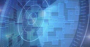 Sanal gösterge panelinde katmanlı düğümleri ve ikili rakamları gösteren büyük dairesel HUD parçacığı gösteriliyor. Siber uzay, veri tabanı, geleceksel, mavi, parıltı, paneller, ızgara