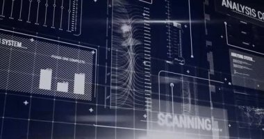 Siyah arayüz ekranında veri işleme metni ve grafiklerinin canlandırılması. Veri, dijital arayüz, işleme, ağ, bağlantı ve iletişim, dijital olarak oluşturulmuş video.