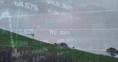 Elektrik yel değirmeni üzerinde finansal veri işleme animasyonu. Elektrik, enerji ve güç dağılımı dijital olarak oluşturulmuş video.