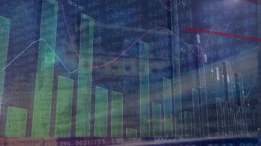 Animation of statistical data processing against light spots on blue background. Business data technology concept