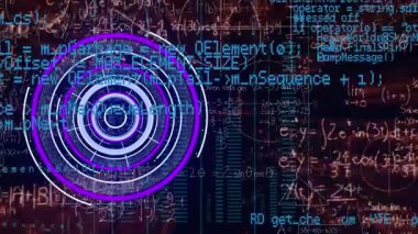 Kırmızı zemin üzerinde mor yuvarlak tarayıcı, veri işleme ve matematiksel denklemlerin animasyonu. Bilgisayar arayüzü ve iş teknolojisi kavramı