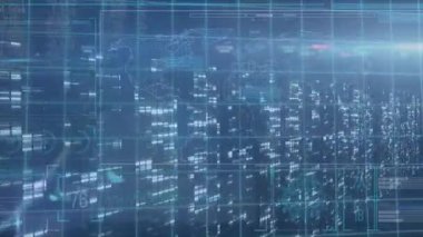 Mavi arka planda ışık ve veri işleme animasyonları. veri işleme ve teknoloji konsepti dijital olarak oluşturulmuş video.