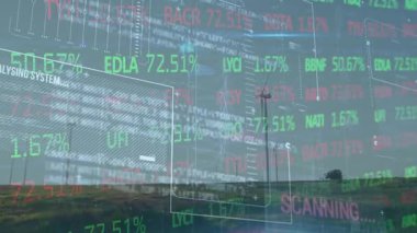 Ekranda tüm dünyada istatistik ve veri işleme animasyonları. Dijital arayüz ve teknoloji kavramının dijital olarak oluşturulduğu küresel veri işleme.