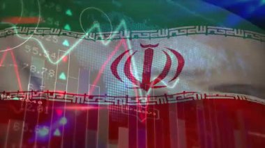 Animation of financial data processing over flag of iran. Global business, finance, data processing and networking concept digitally generated video.