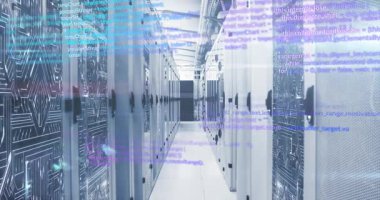Animation of data processing against microprocessor connections over computer server room. Computer interface and business data storage technology concept