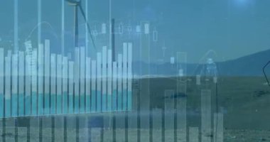 Rüzgar türbinleri üzerinde istatistik ve veri işleme animasyonu ve kırsal alanda mühendis mühendislik. Küresel finans iş teknolojisi ve bağlantılar konsepti dijital olarak oluşturulmuş video.