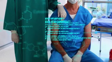 Çeşitli cerrahlar üzerinde bilimsel veri işleme ve kimyasal yapıların animasyonu. küresel tıp, bilim ve veri işleme kavramı dijital olarak oluşturulmuş video.